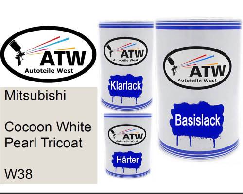 Mitsubishi, Cocoon White Pearl Tricoat, W38: 500ml Lackdose + 500ml Klarlack + 250ml Härter - Set, von ATW Autoteile West.